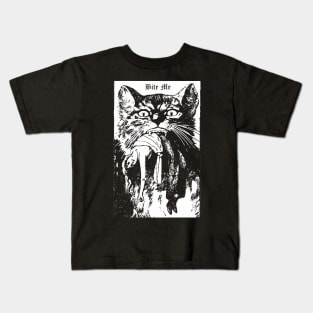 Bite Me Gothic Cat Black Halloween Horror Cult Shirt Mug Tapestry Sticker Pin + More Kids T-Shirt